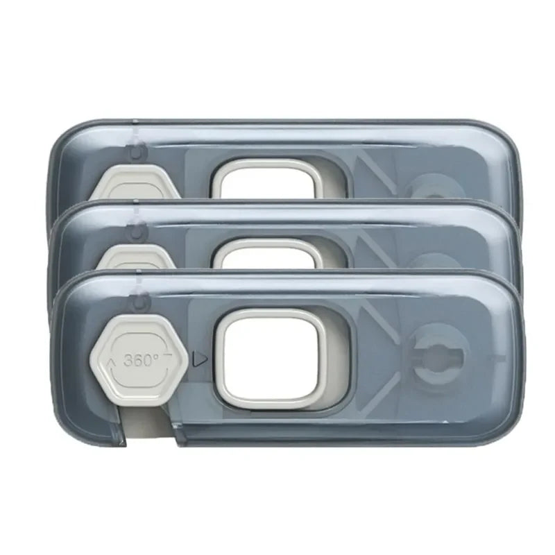 Child safety device: gray-blue multi-function lock securing a double-door cabinet