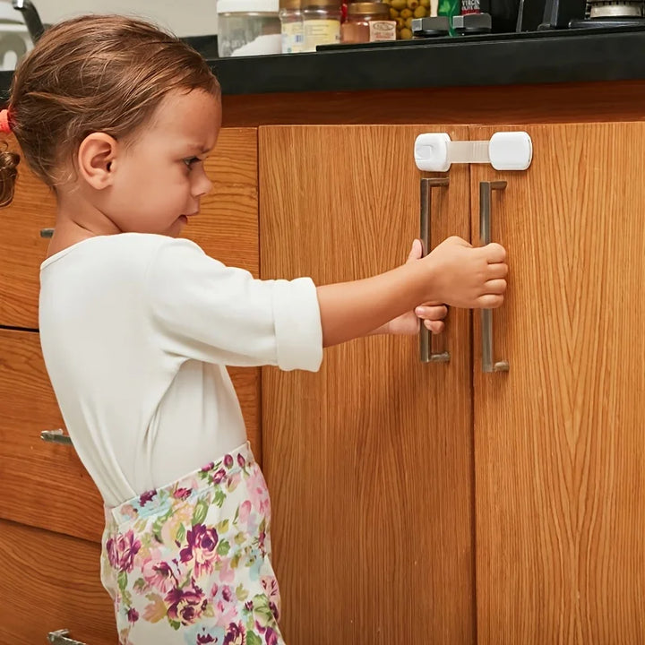Durable plastic child safety strap lock, ideal for securing various home appliances & furniture.