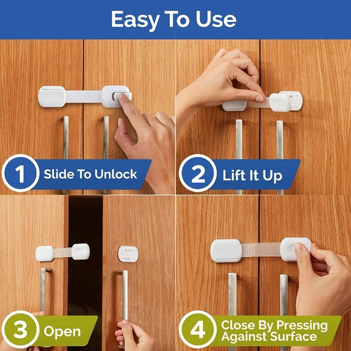 White plastic child safety lock securing a kitchen cabinet, preventing kids from dangerous access.