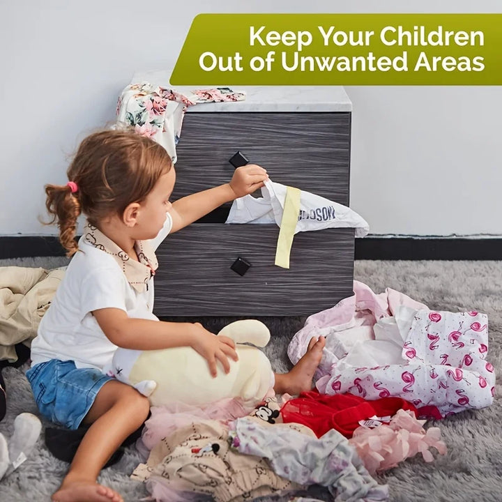 Multi-use child safety locks for drawers, fridges & cabinets. Quick peel-and-stick install.