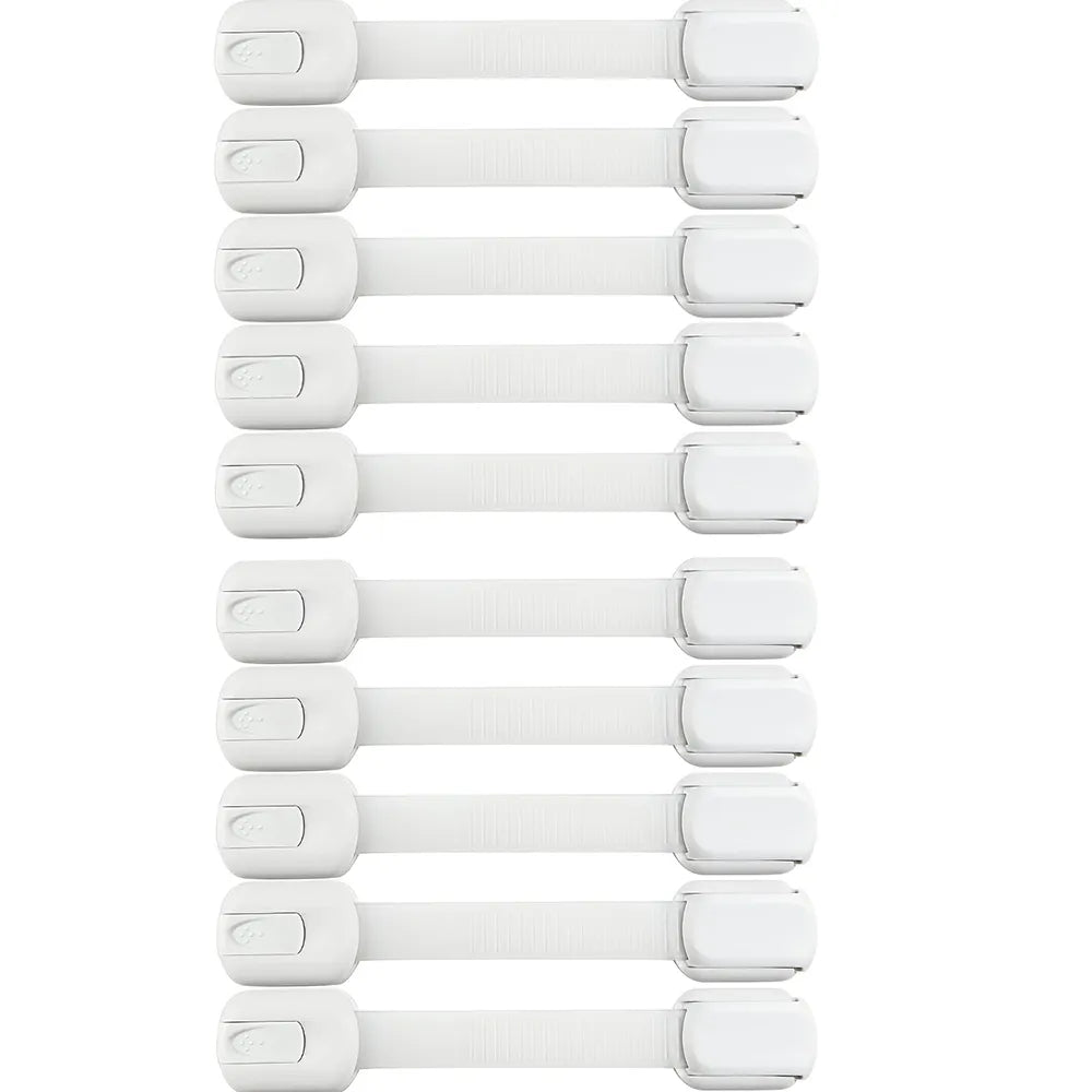 Discreet white child safety lock for kitchen cabinets. Essential baby gear for home safety.