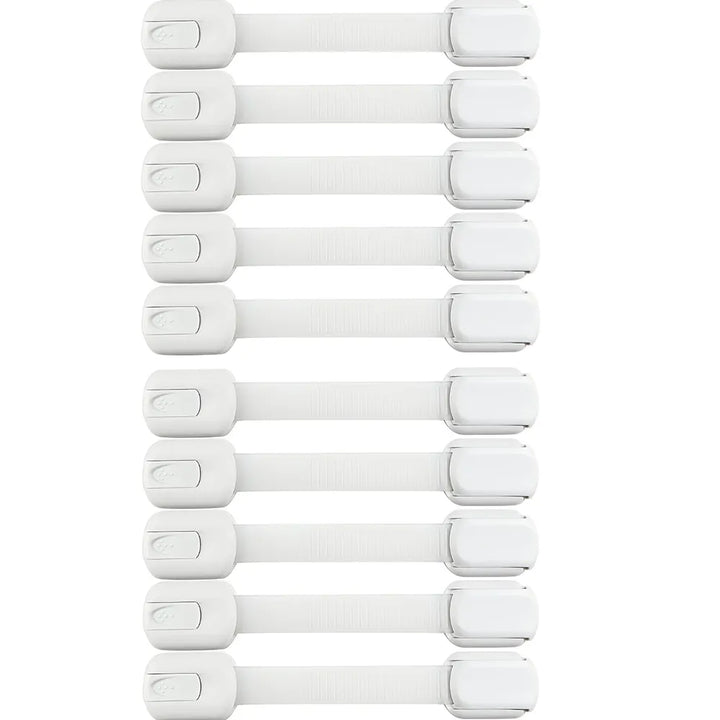 Discreet white child safety lock for kitchen cabinets. Essential baby gear for home safety.