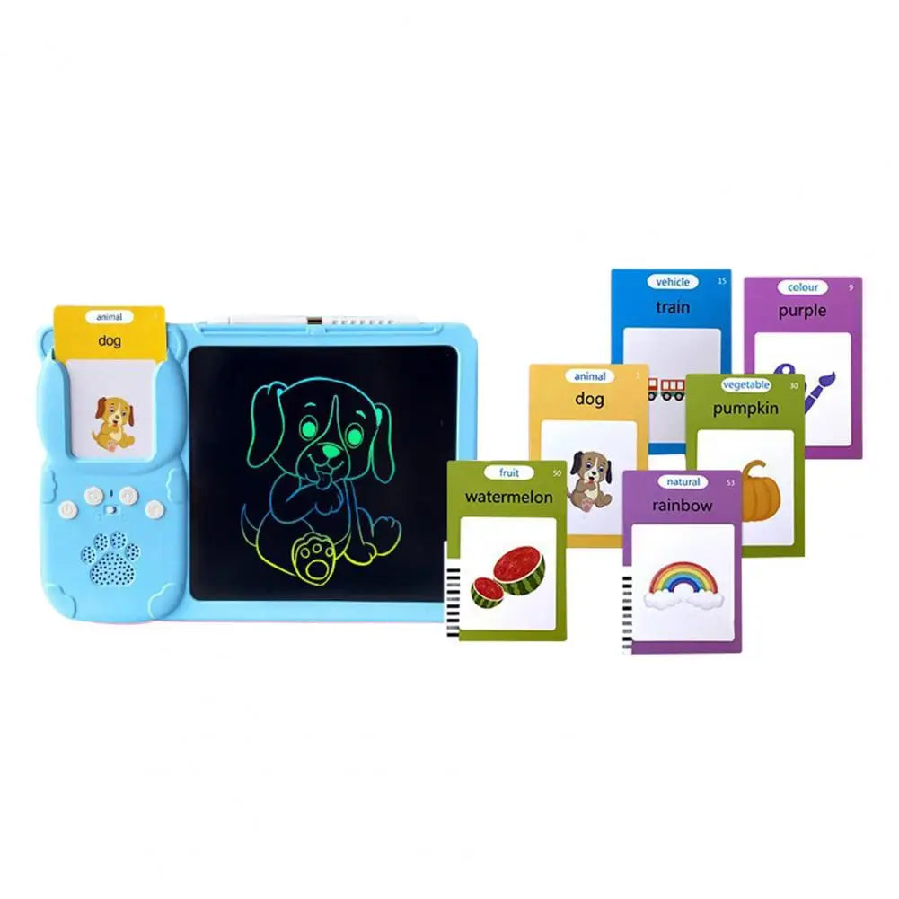 Child uses interactive learning tablet with drawing pad for educational games, bright screen, stylus.