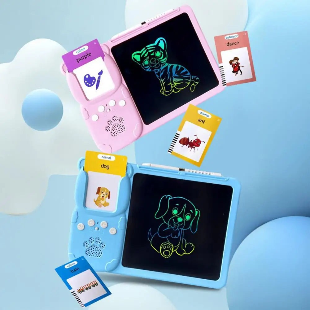 Toddler drawing on an educational learning tablet, colorful screen, promoting creativity and learning.