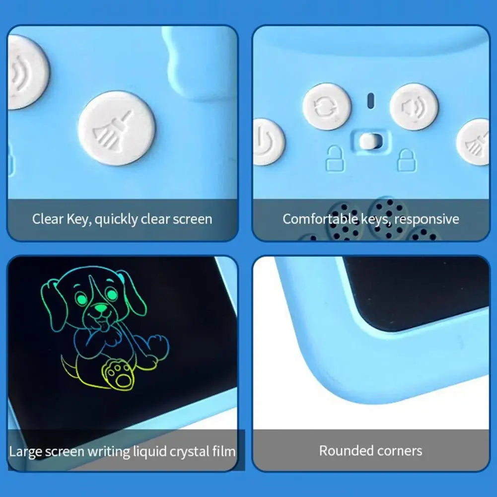 Educational toy tablet for children, showing a learning game on screen, with an attached drawing pad.