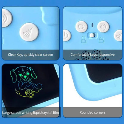 Educational toy tablet for children, showing a learning game on screen, with an attached drawing pad.