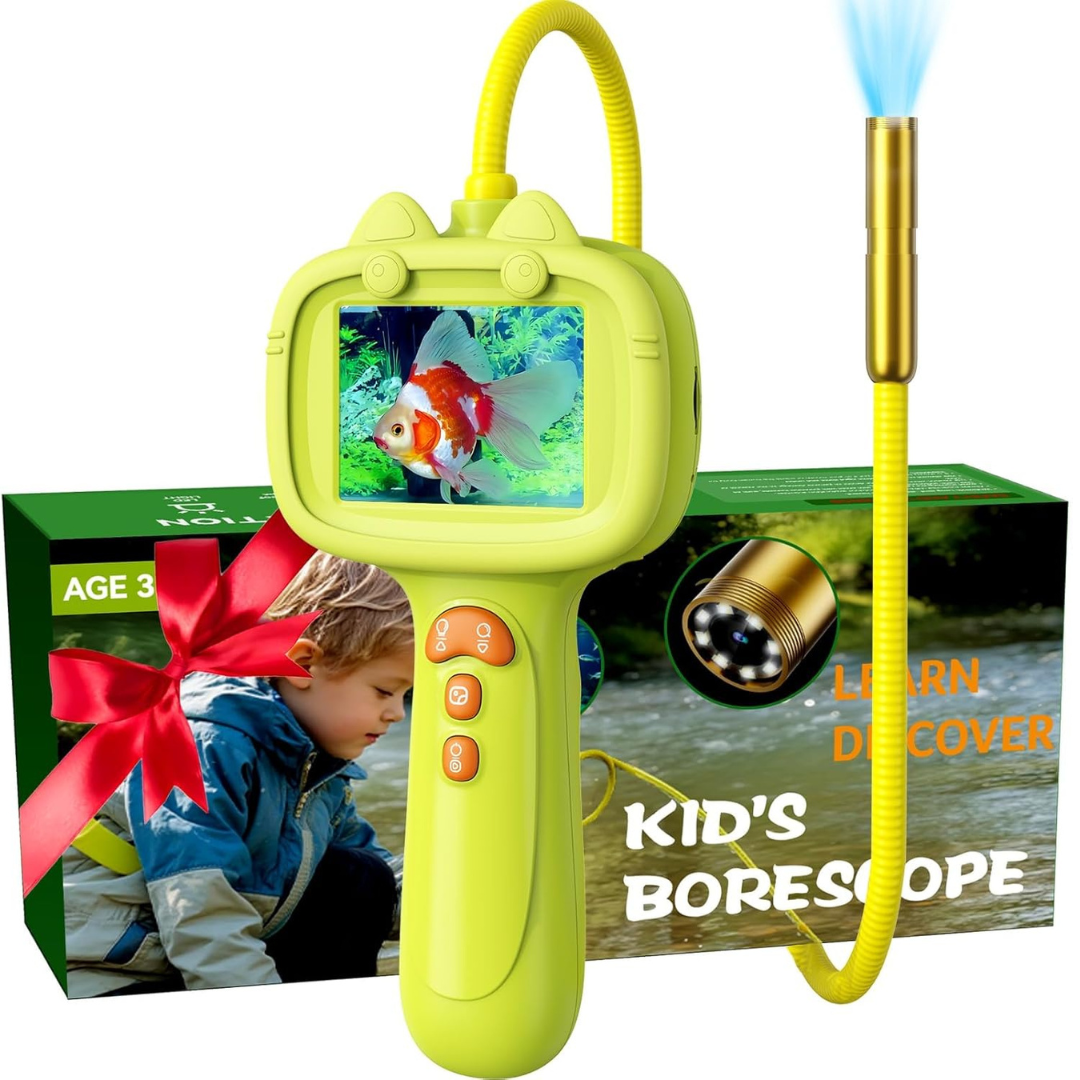 WonderScope kids' camera, an endoscope toy with a zoomed-in view of a leaf, ideal for young explorers