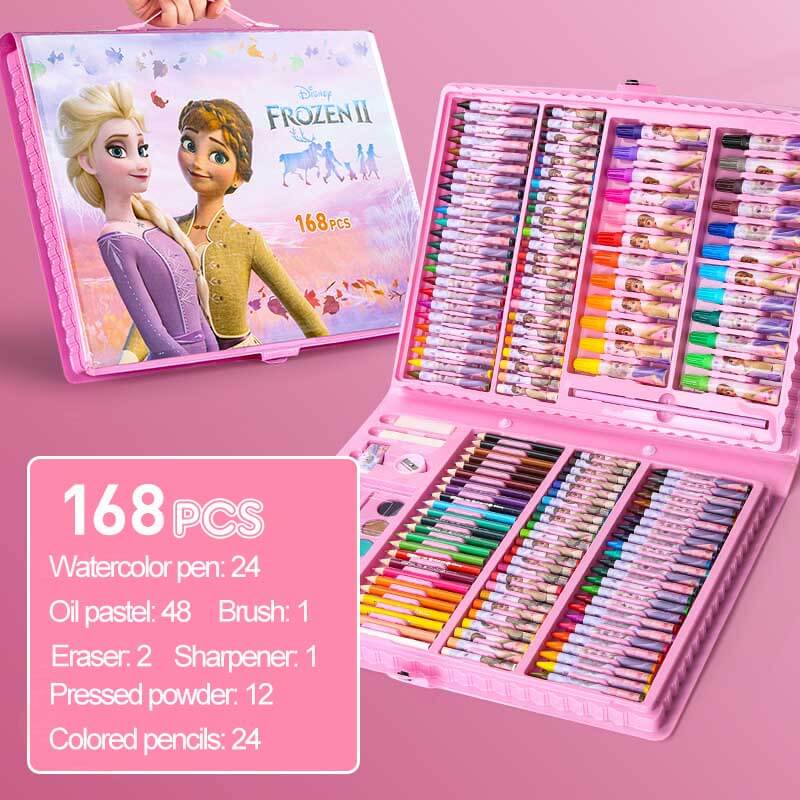 Various art supplies including markers, pastels, and glitter in a children's craft kit