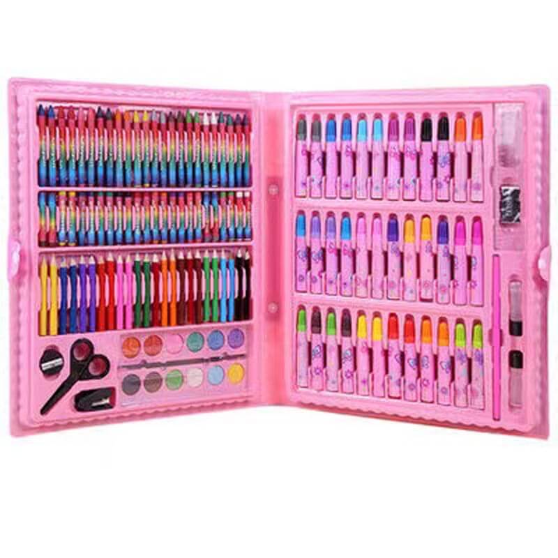 Detailed view of a kid's painting kit with spill-proof cups and washable paints