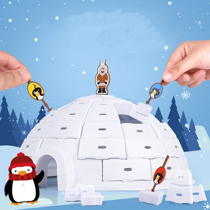 Close-up of a child's hand gently tapping an ice block in Igloo Ice Challenge skill game.