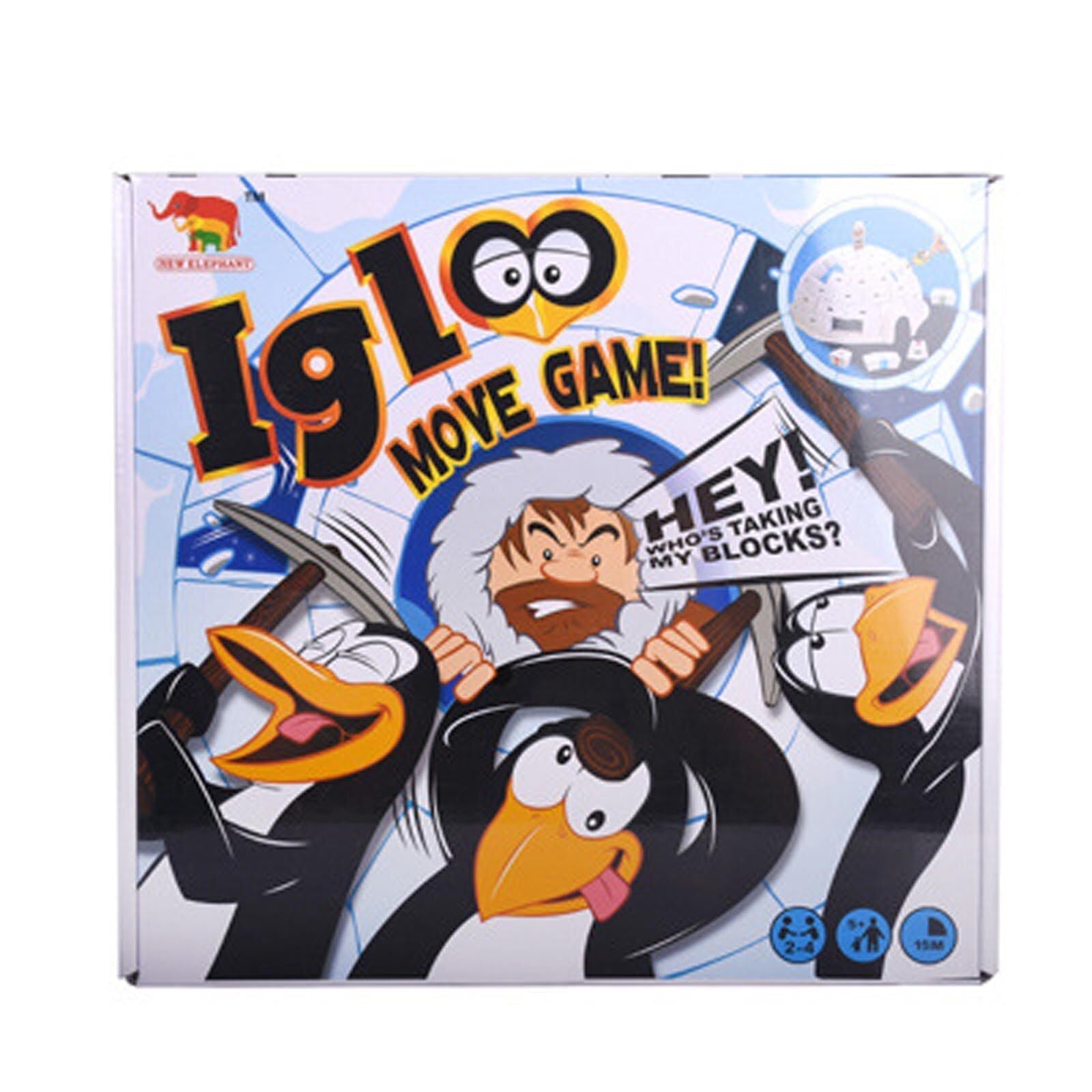 Two children laughing while playing the educational Igloo Ice Challenge penguin board game.