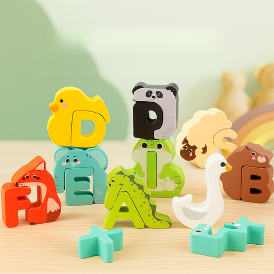 Children playing with a colorful wooden alphabet puzzle, perfect for preschool learning and vocabulary building.