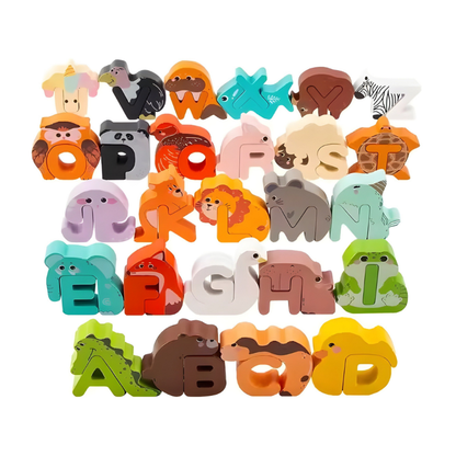 Child's hand reaching for a letter in a wooden alphabet puzzle, promoting early childhood education.