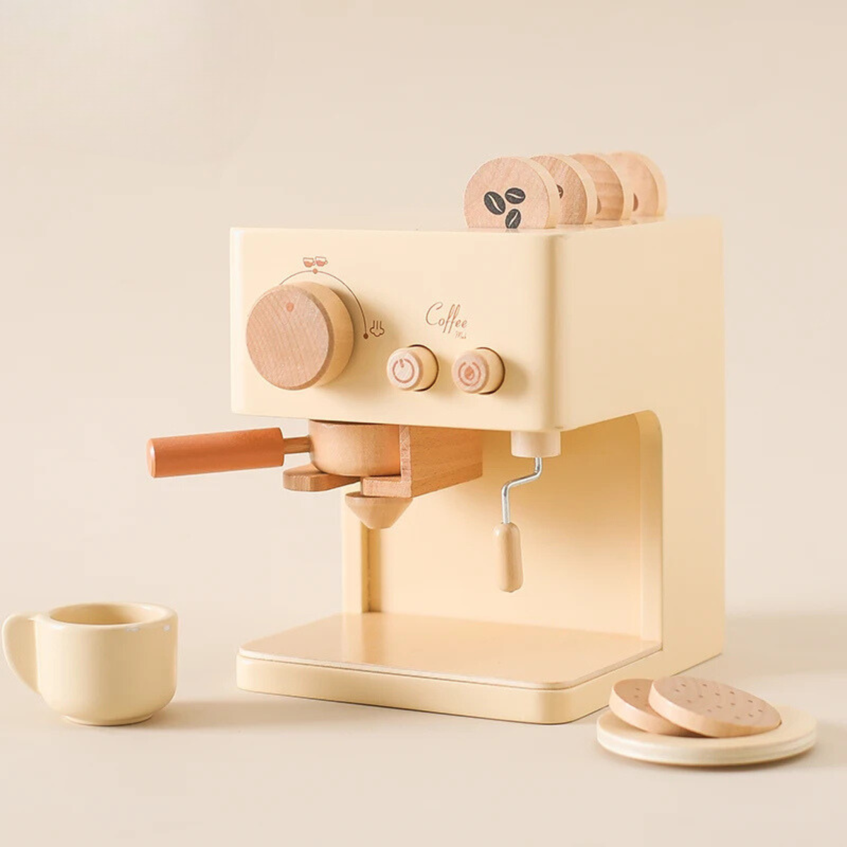 Children playing with realistic wooden espresso machine toy, coffee cafe role play, kitchen.