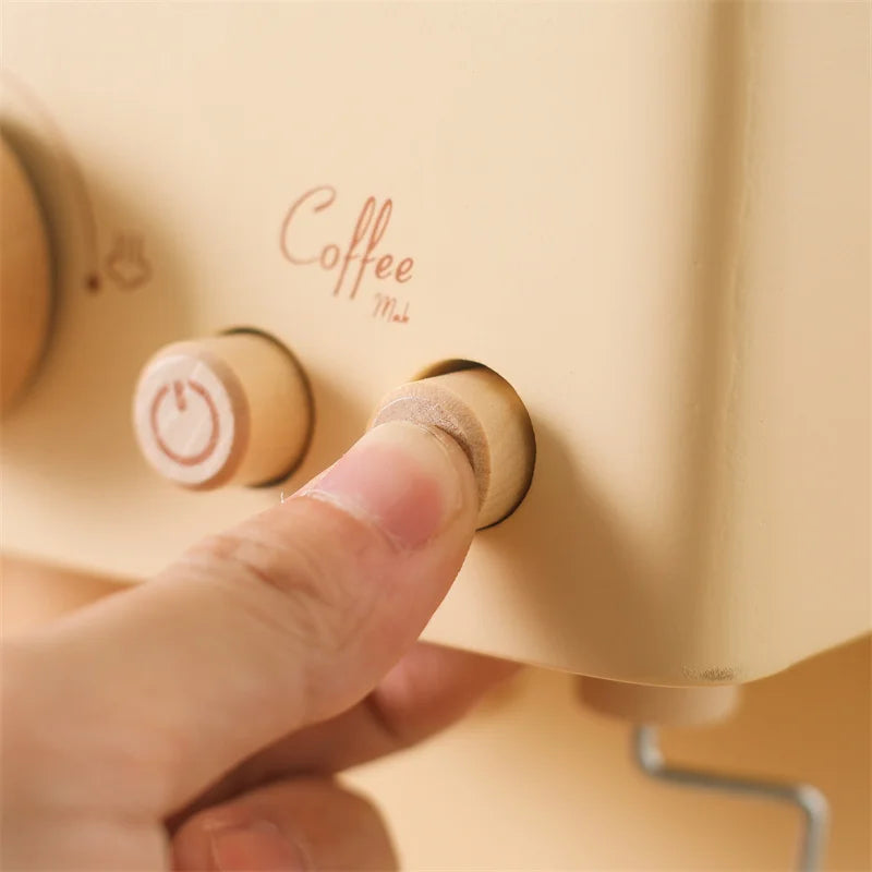 Wooden espresso machine play set with cups, portafilter, and milk frother for kids, pretend play toy.