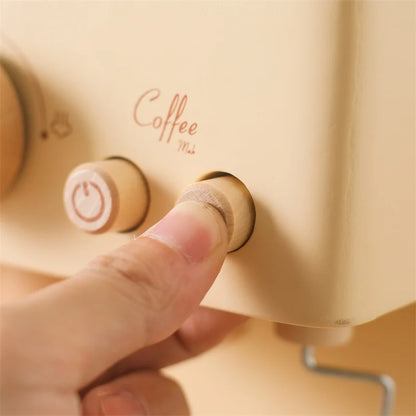 Wooden espresso machine play set with cups, portafilter, and milk frother for kids, pretend play toy.