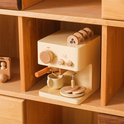 Kids' wooden espresso maker with accessories, perfect for developing motor skills and creative play.