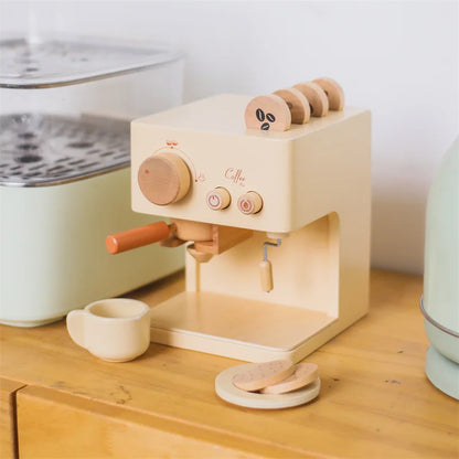 Top-down view of a complete wooden espresso machine play set with detailed coffee accessories.