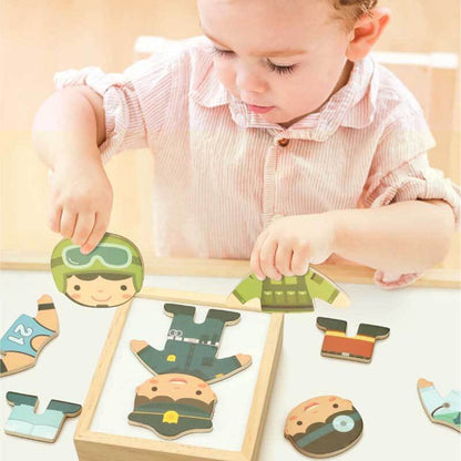 Children playing with wooden career jigsaw puzzle, engaging in educational role-play with magnetic pieces.