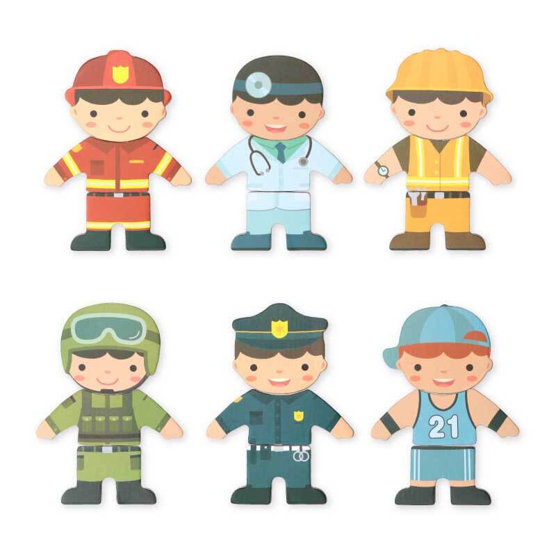 Magnetic wooden puzzle showcasing different occupations, an ideal children's toy for imaginative career play.