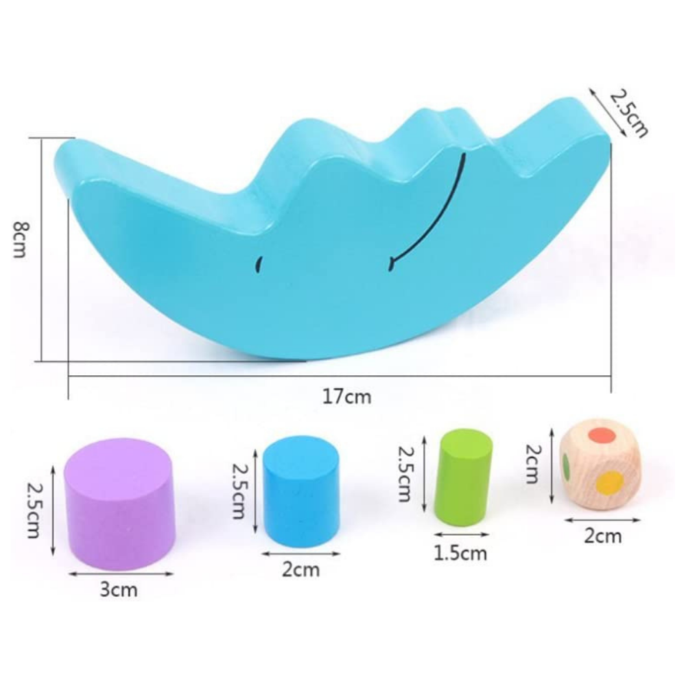 Educational Wooden Moon Balance Game for kids, stacking colorful blocks on a crescent