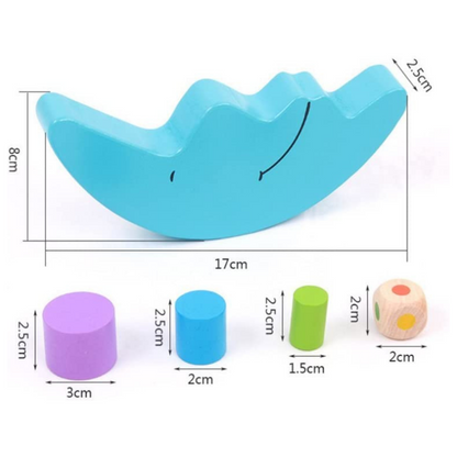 Educational Wooden Moon Balance Game for kids, stacking colorful blocks on a crescent