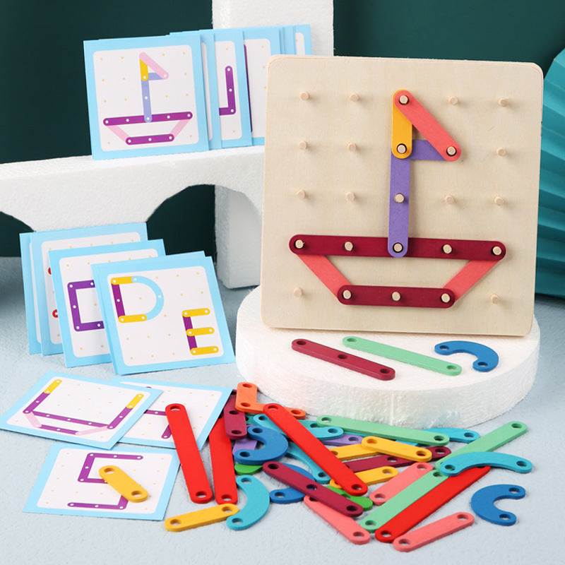 Children playing with wooden pegboard puzzle, developing cognitive skills & hand-eye coordination.