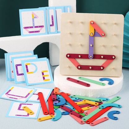 Children playing with wooden pegboard puzzle, developing cognitive skills & hand-eye coordination.