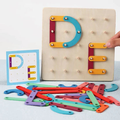 Close-up of child's hand placing pegs in wooden learning board, improving fine motor skills.