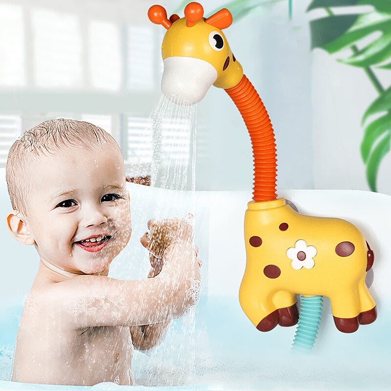 Children playing with yellow giraffe bath toy squirting water for sensory and interactive fun