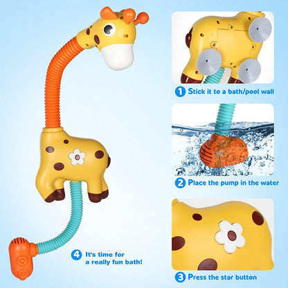 Close-up of interactive giraffe bath toy with smiling child, ideal gift for children's bath time
