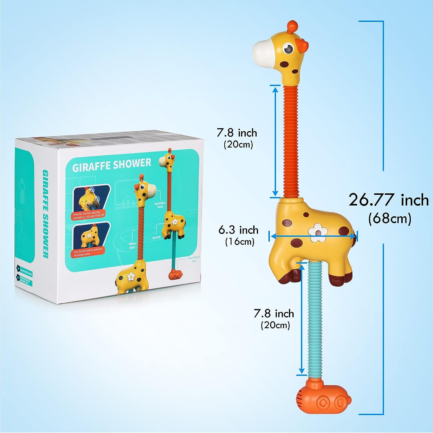 Yellow giraffe bath toy floating in water, designed for children's sensory and educational play