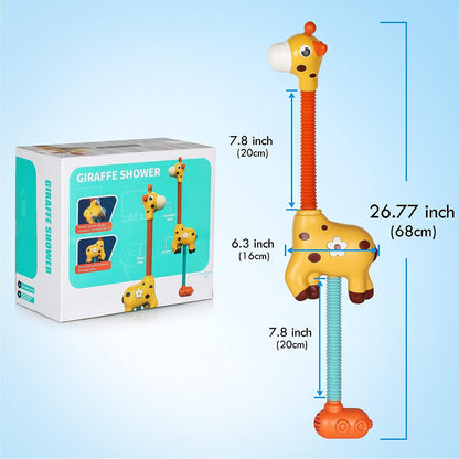 Yellow giraffe bath toy floating in water, designed for children's sensory and educational play