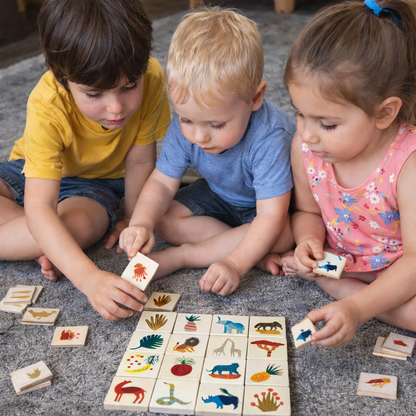 Wooden jungle memory game featuring colorful animal illustrations for kids' educational play and memory skills.