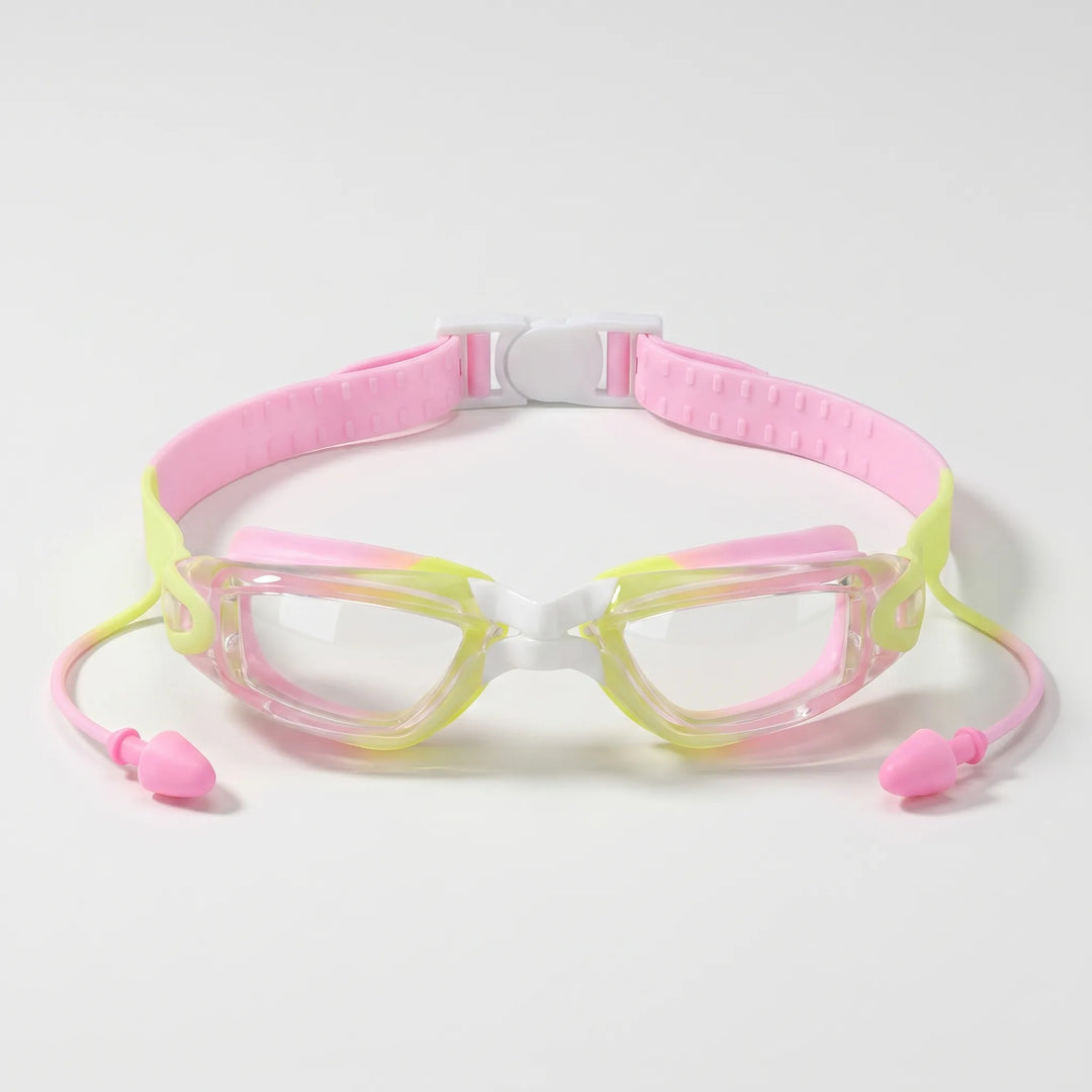 Kids' anti-fog swim goggles with earplugs, perfect for youth swimming lessons & water sports.