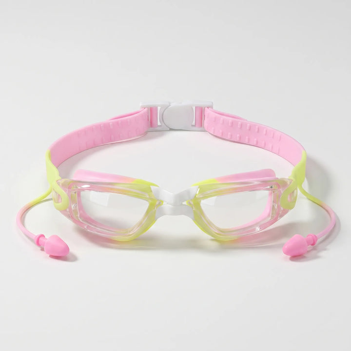 Kids' anti-fog swim goggles with earplugs, perfect for youth swimming lessons & water sports.