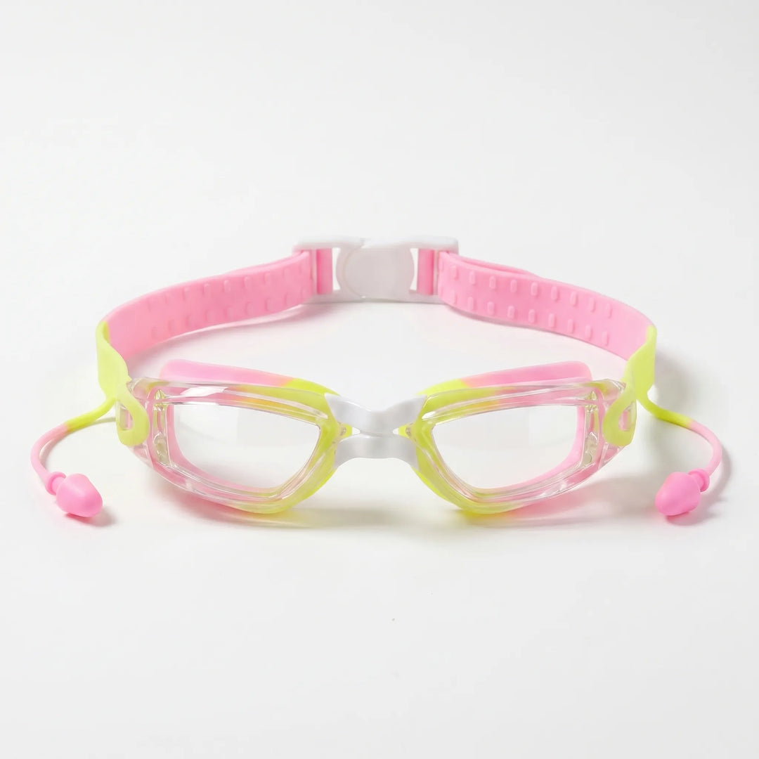 Durable children's swim goggles with anti-fog coating & built-in earplugs for pool fun.