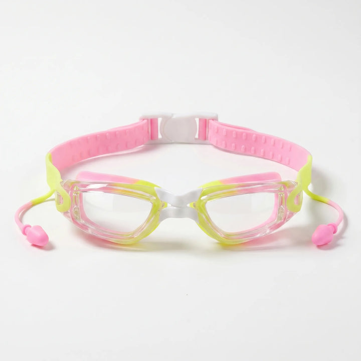 Durable children's swim goggles with anti-fog coating & built-in earplugs for pool fun.