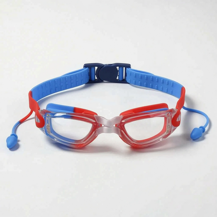 Anti-fog swim gear for kids: clear lens goggles with integrated earplugs, ideal for young swimmers.
