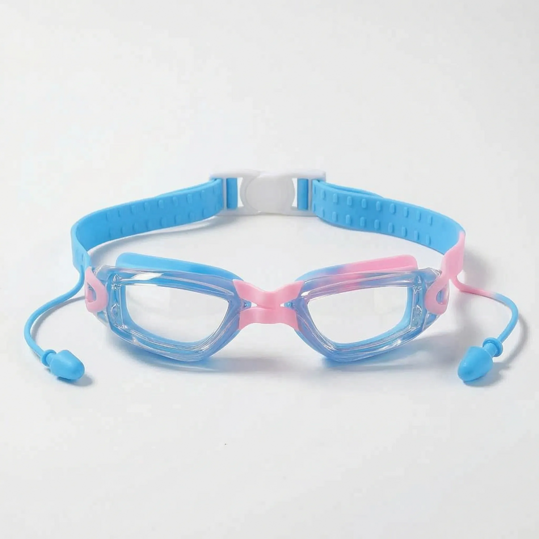 Children's anti-fog swimming goggles with comfortable integrated earplugs for aquatic activities.