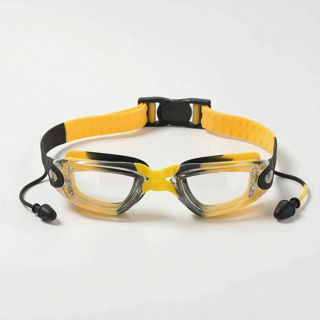 Kids' anti-fog swimming goggles with earplugs ensure clear underwater vision & ear safety.
