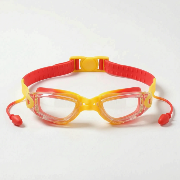 Youth water sports goggles: anti-fog lenses & integrated earplugs for comfortable, clear swimming.