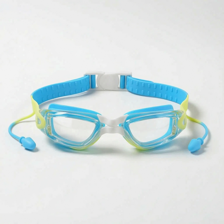 Essential pool accessory: children's anti-fog swimming goggles with convenient integrated earplugs.