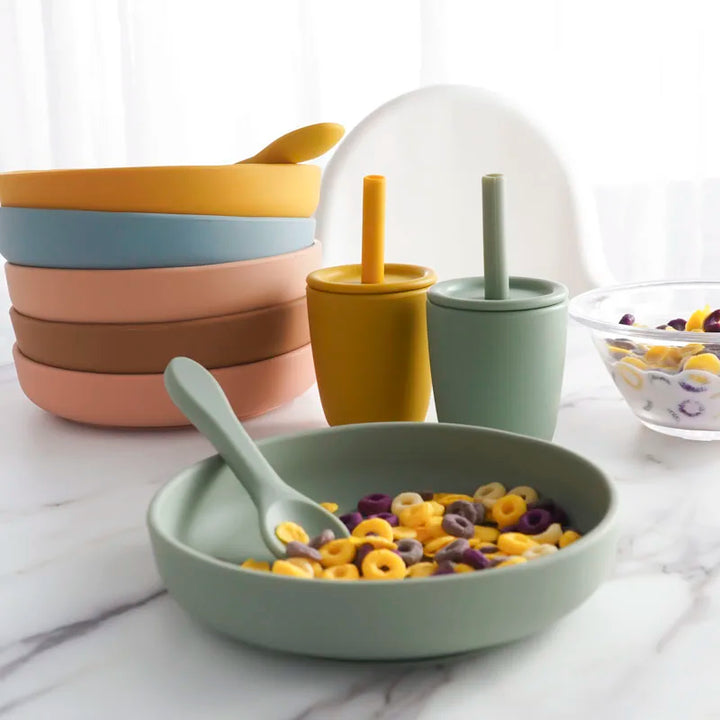 Vibrant silicone baby feeding bowl, BPA-free and safe for daily use.