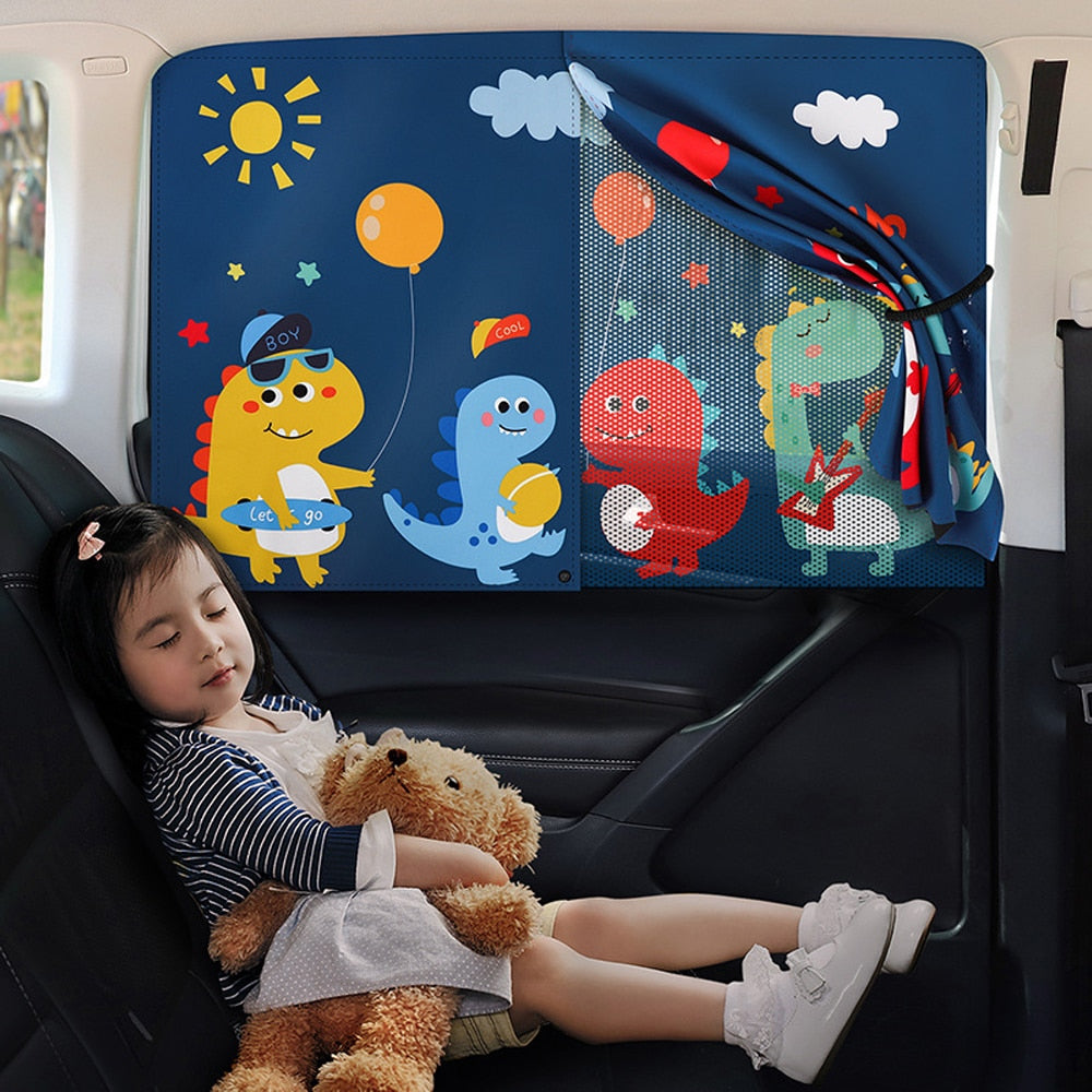 Children's car window sunshade with playful animal pattern, providing UV protection for babies and kids.
