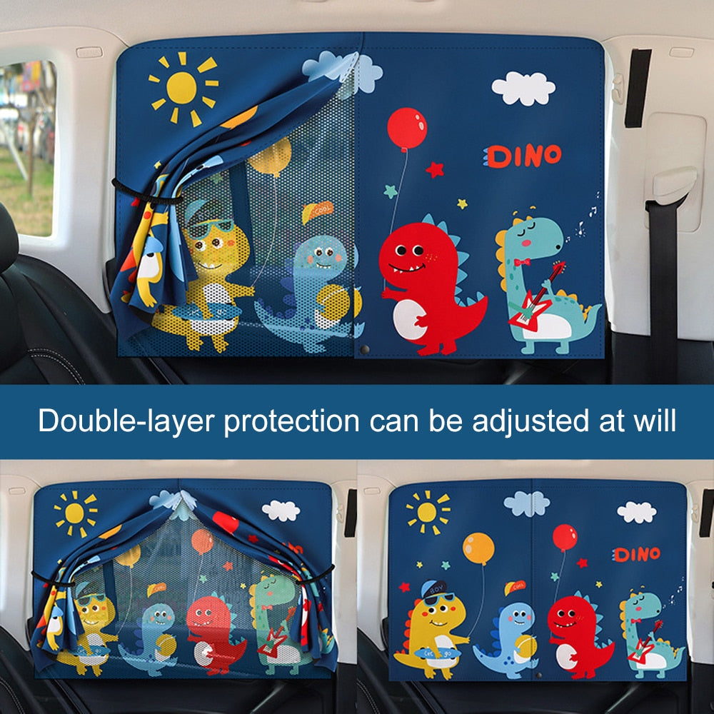 Universal car sunshade for children's safety, offering UV protection with an engaging pattern for young passengers.