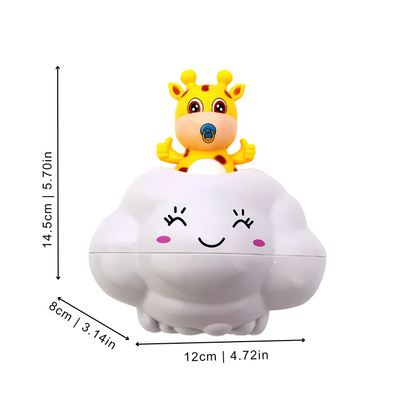 Toddler playing with unisex cloud waterfall bath toy, white and colorful, enhancing kids bath time fun