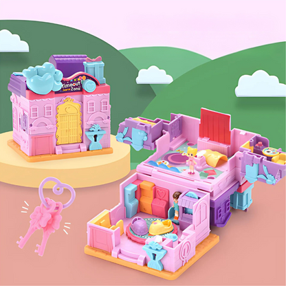 Children's creative activity dollhouse playset with multiple rooms and colorful furniture.