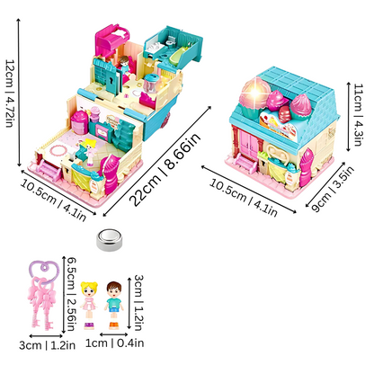 Interactive kids dollhouse playset featuring LED lights and sound effects for imaginative play.