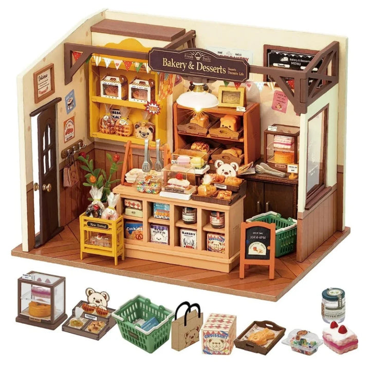 Children's DIY miniature baking house puzzle kit with LED, perfect for kids and teens' creative play & crafts.